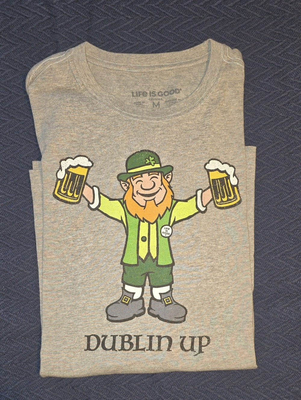 Life Is Good Grey Tee with Green Leprechaun and Orange Beard